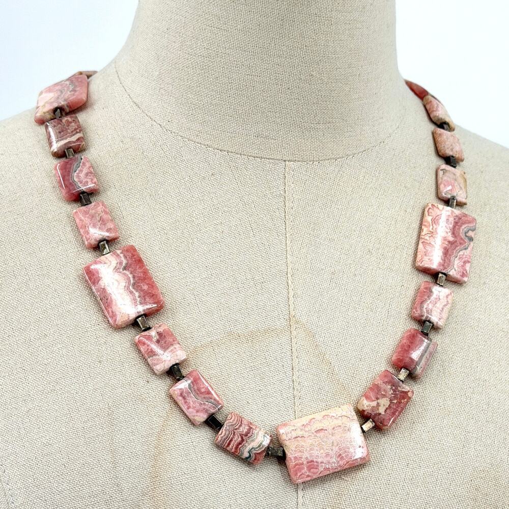 Vintage 90s Rhodochrosite Hand Strung Slab Statement Necklace